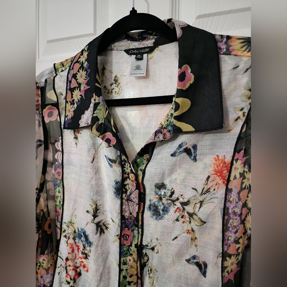 John Mark sz XL Mixed media floral print long sleeve crinkle tunic - Picture 4 of 7